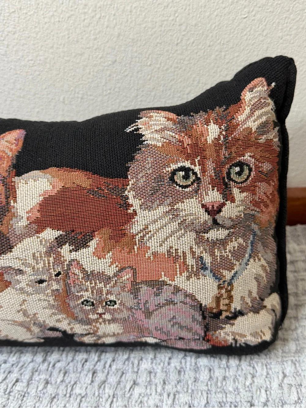 Cottagecore Kitty Cats Embroidered Tapestry Pillow Cat Decor Black Tan Ivory